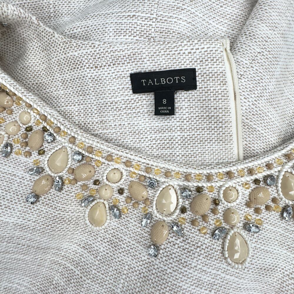 Talbots Beige Tweed Linen Blend Sheath Dress 8 Beaded Embellished Sleeveless - Picture 15 of 16